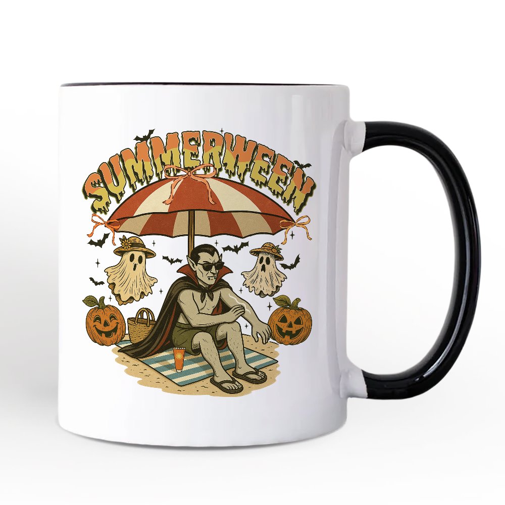 Summerween Vampire Dracula Personalized Mug, Retro Halloween Beach Gift with Custom Name for Horror Spooky Summer Season Personalized Ceramic Mug OrnamentallyYou White - Black Non-Custom 