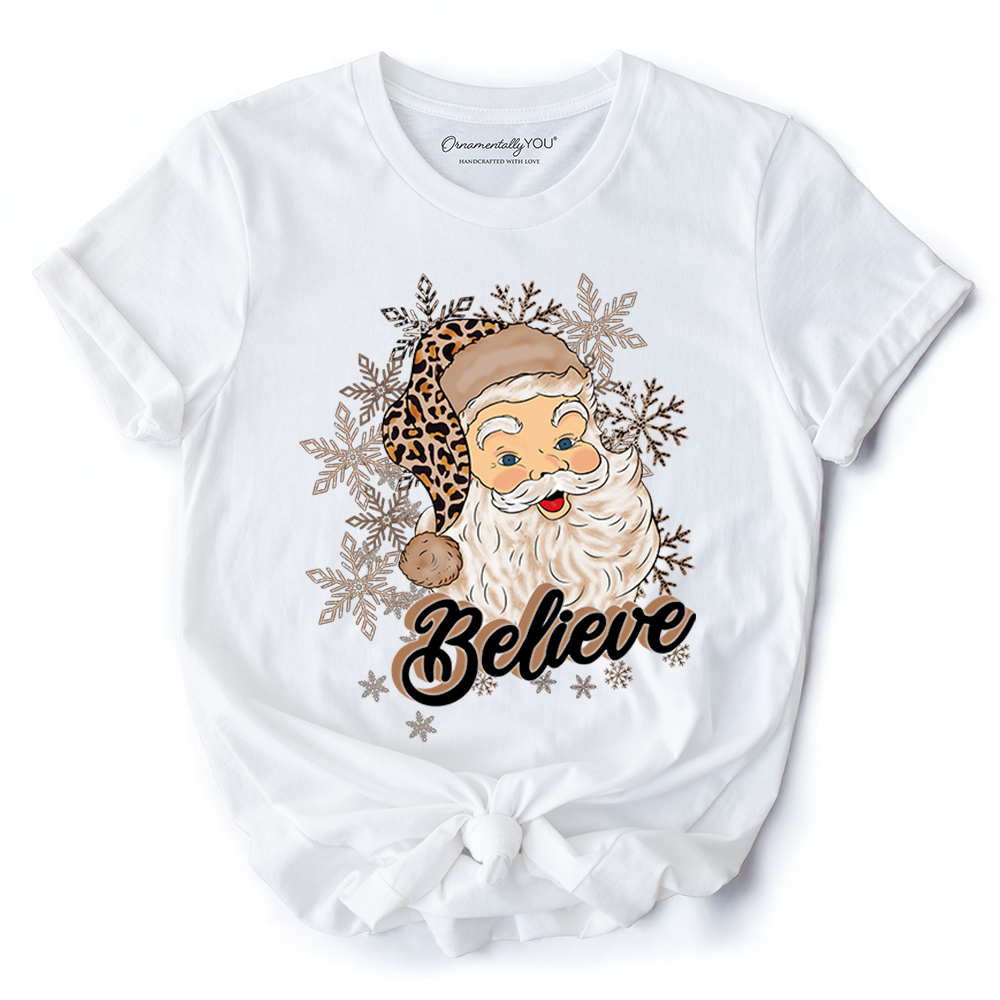 Believe Santa Cheetah Leopard T‑Shirt, Retro Christmas Tee