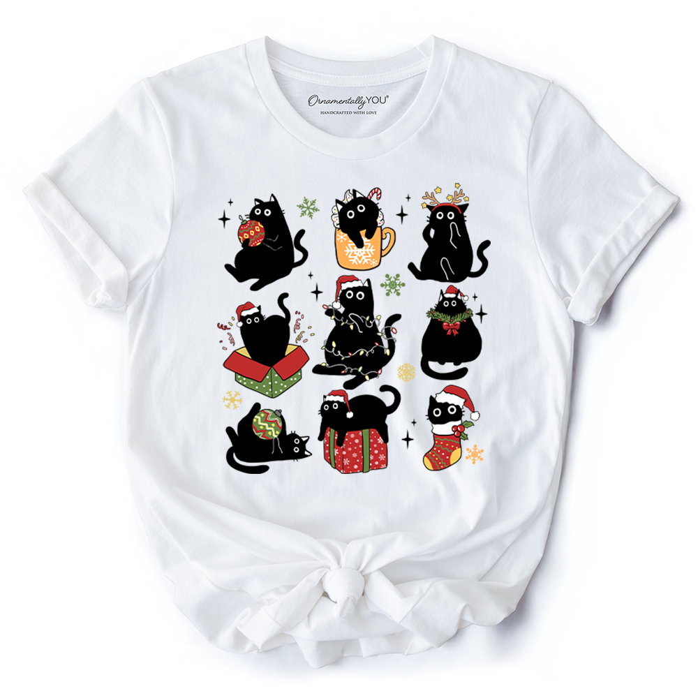 Christmas Black Cats T‑Shirt, Whimsical Cats with Santa Hat Tee