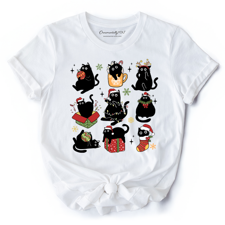 Christmas Black Cats T‑Shirt, Whimsical Cats with Santa Hat Tee