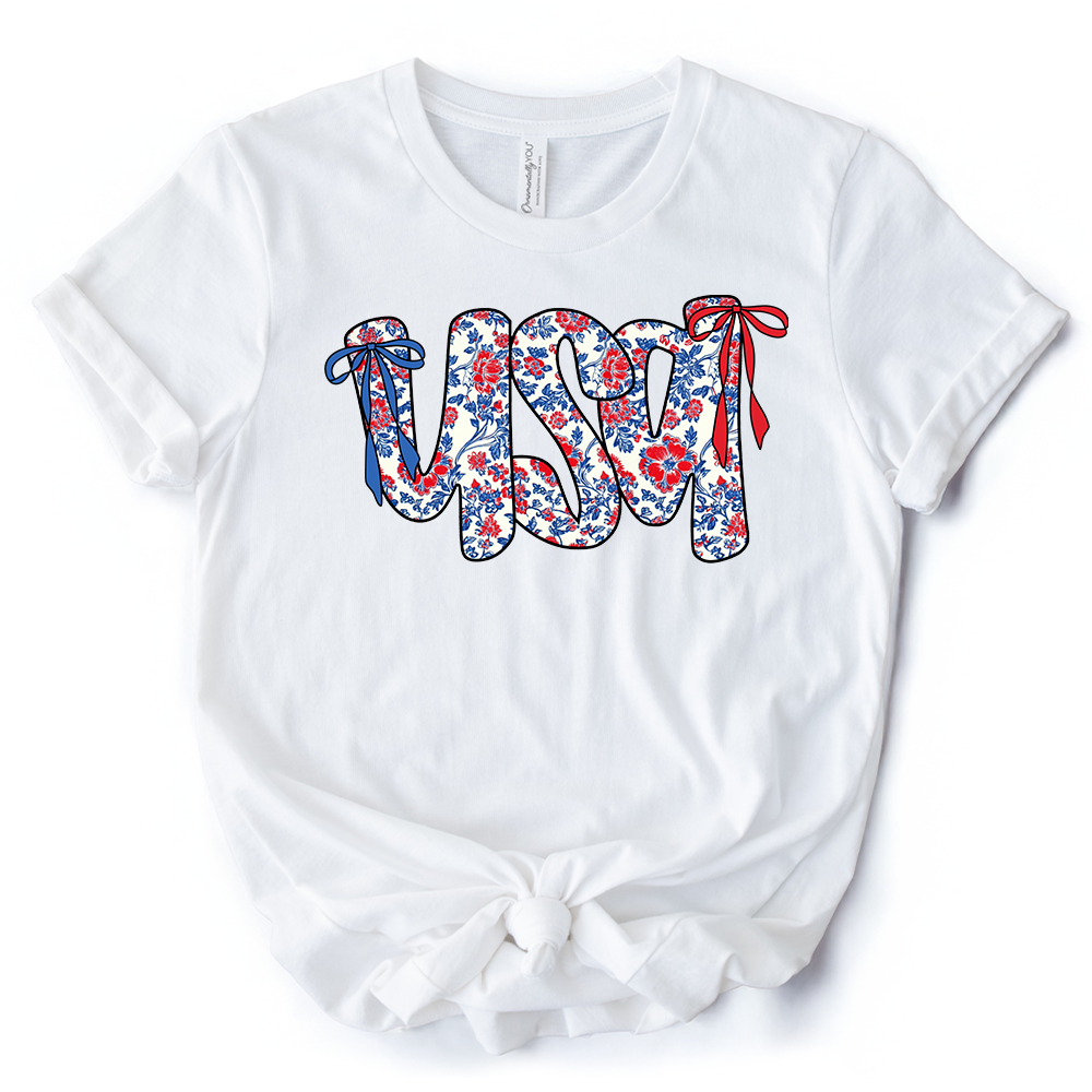 Floral USA Patriotic T-Shirt, 4th of July White, Natural and Black Tee for Stylish Women