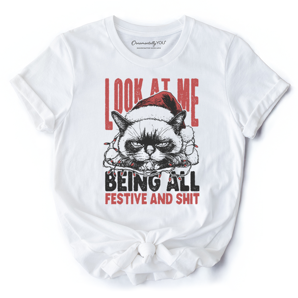 Grumpy Christmas Cat T‑Shirt, Funny Santa Hat Holiday Lights Tee for Sarcastic Festive People