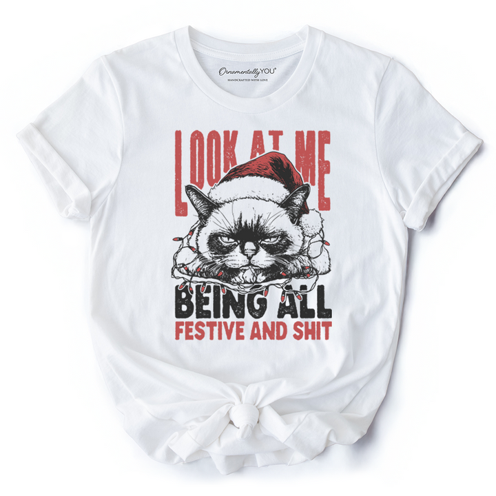 Grumpy Christmas Cat T‑Shirt, Funny Santa Hat Holiday Lights Tee for Sarcastic Festive People