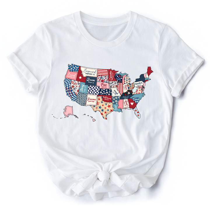 Patriotic Patchwork USA T-Shirt, Quilted Map Tee for Americana Fans