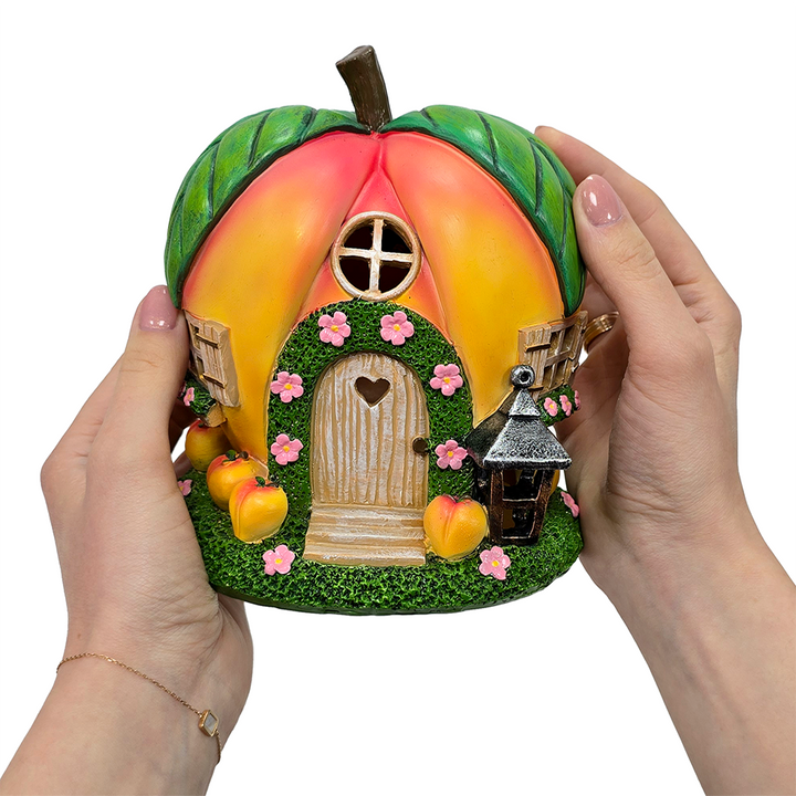 Solar Powered Peach Themed Garden Home Statue, 7" Lighted Cottage Figurine Outdoor Decor