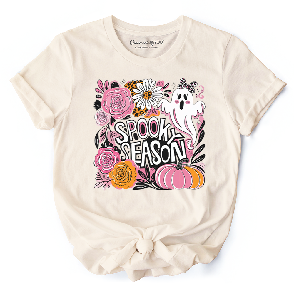 Boho Spooky Season Ghost T-Shirt, Cute Halloween Tee with Fall Pumpkins