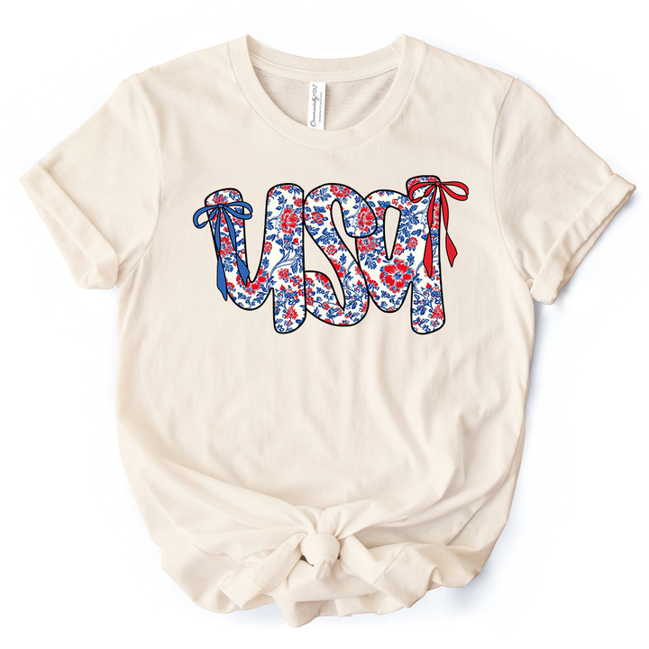 Floral USA Patriotic T-Shirt, 4th of July White, Natural and Black Tee for Stylish Women
