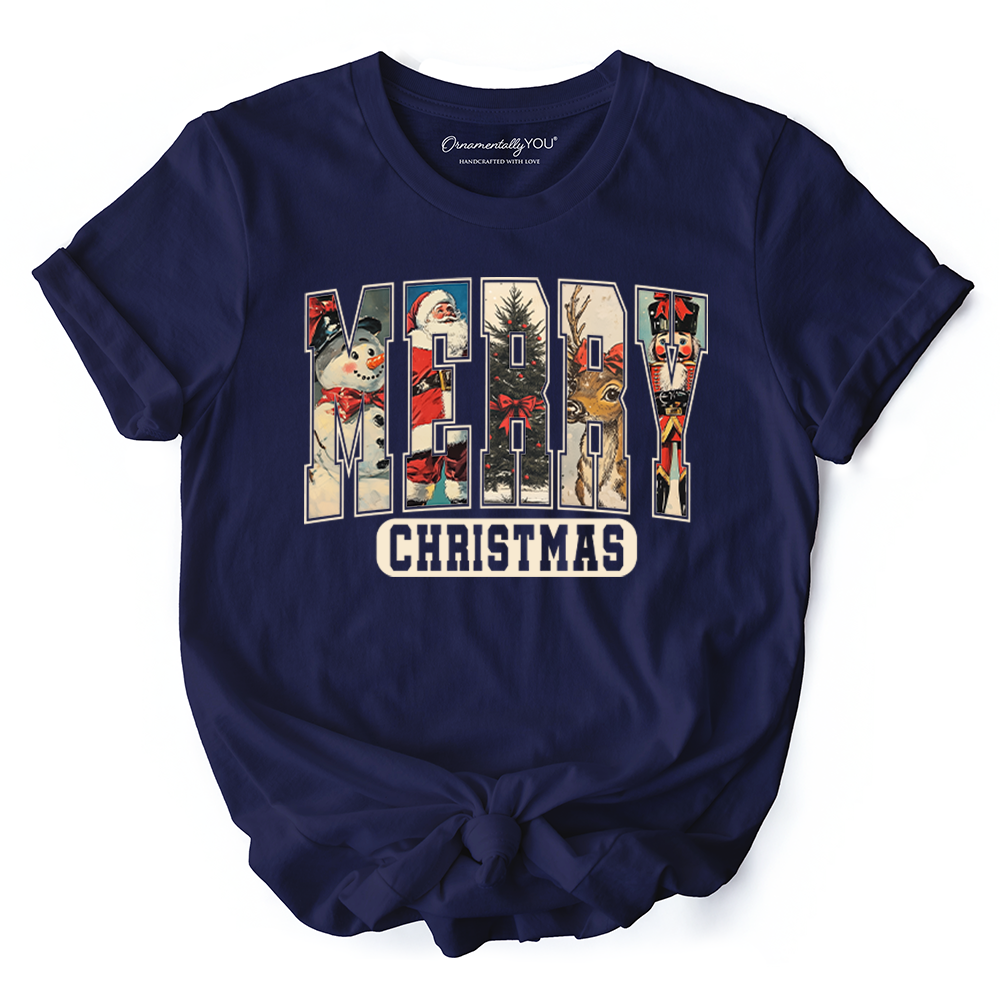Merry Christmas Vintage T‑Shirt, Santa Tree Reindeer Snowman Nutcracker Tee