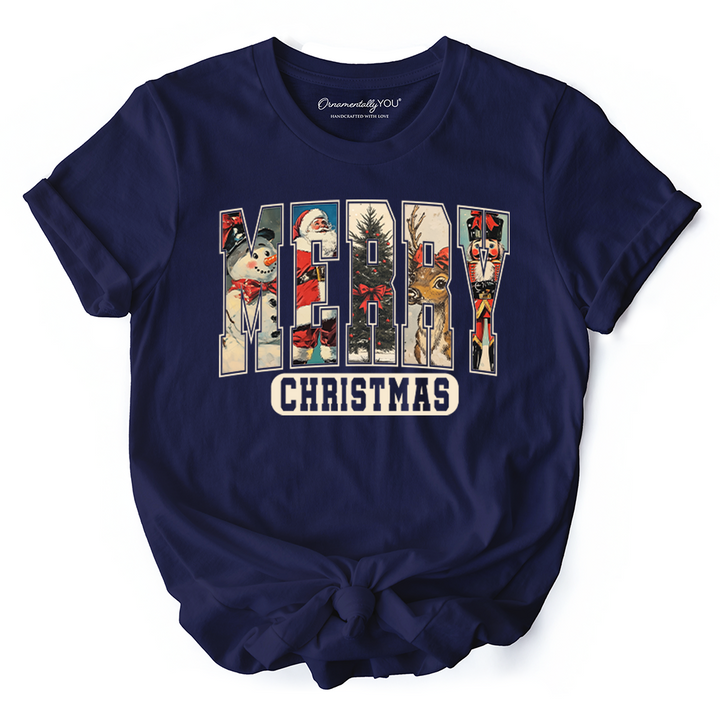 Merry Christmas Vintage T‑Shirt, Santa Tree Reindeer Snowman Nutcracker Tee
