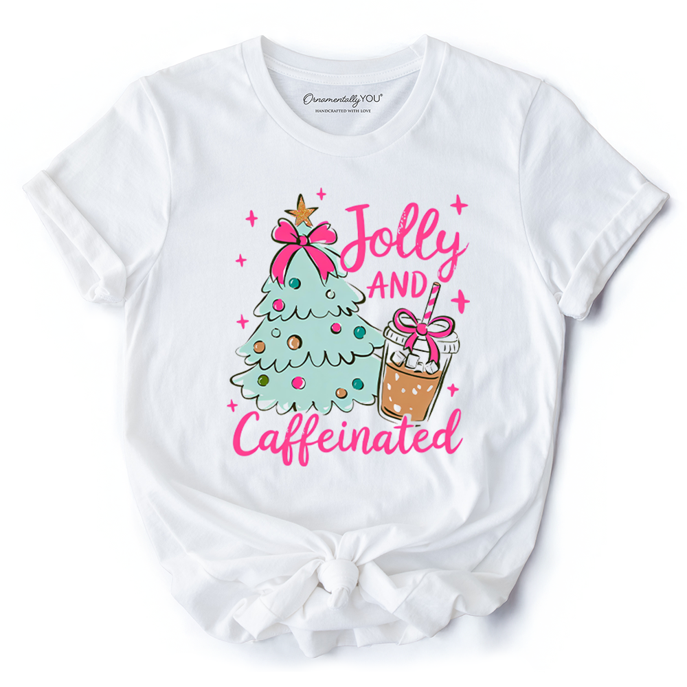 Jolly and Caffeinated Christmas Tree T-Shirt, Retro Coquette Coffee Holiday Tee
