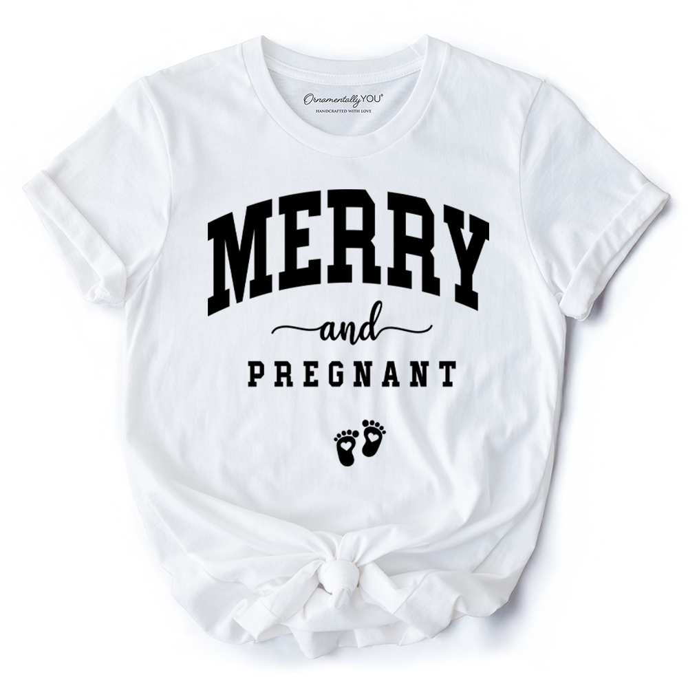 Merry and Pregnant T‑Shirt, Baby Announcement Christmas Tee for New Mom