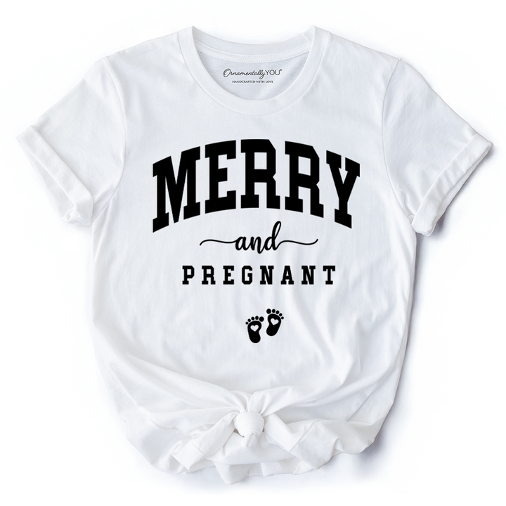 Merry and Pregnant T‑Shirt, Baby Announcement Christmas Tee for New Mom