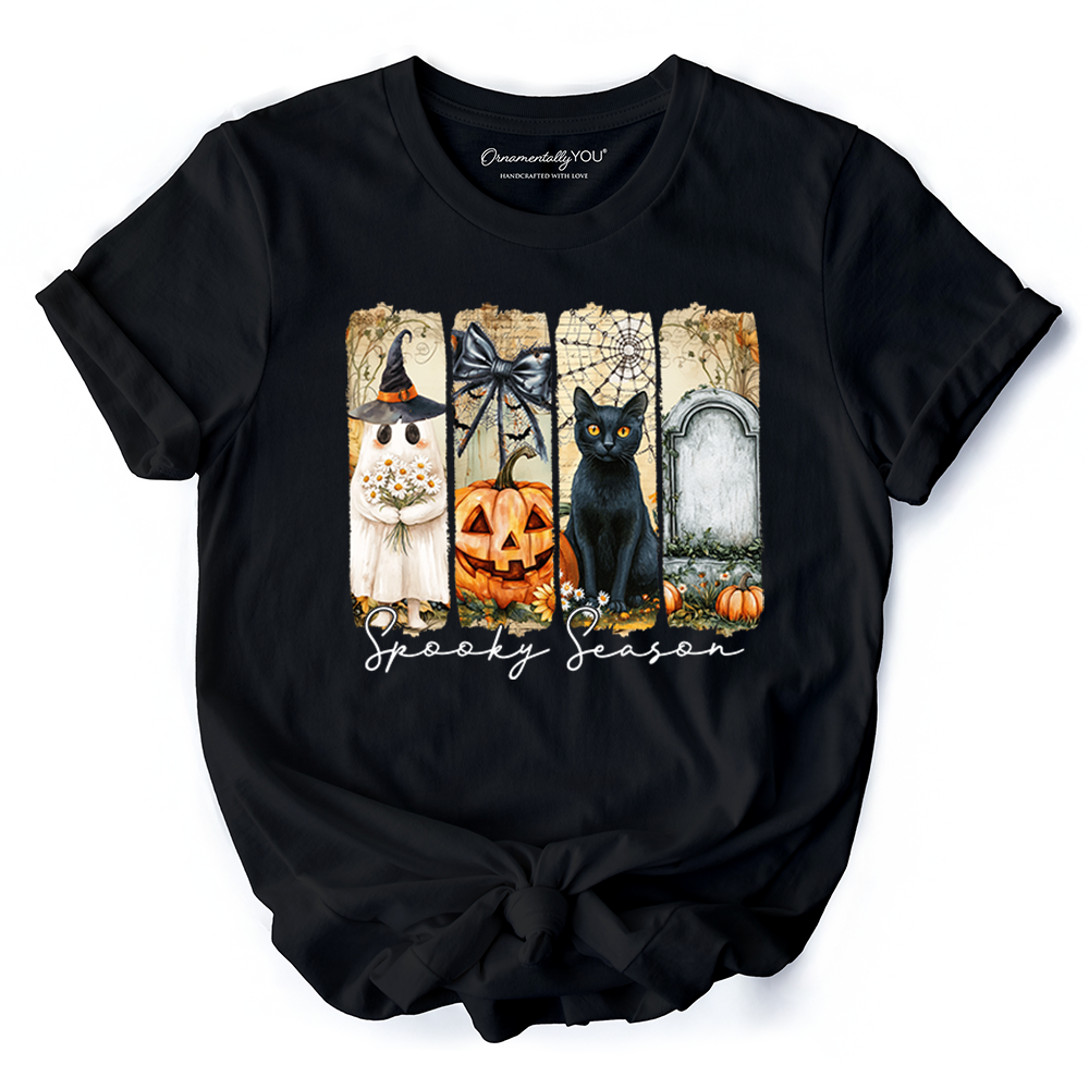 Fall Spooky Season Brushstroke T-Shirt, Coquette Vintage Ghost, Cat and Pumpkin Tee