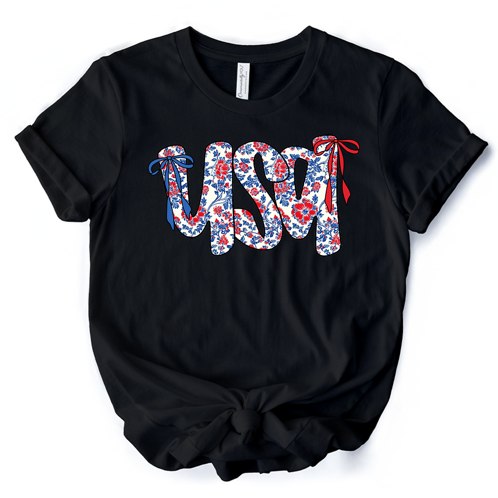 Floral USA Patriotic T-Shirt, 4th of July White, Natural and Black Tee for Stylish Women