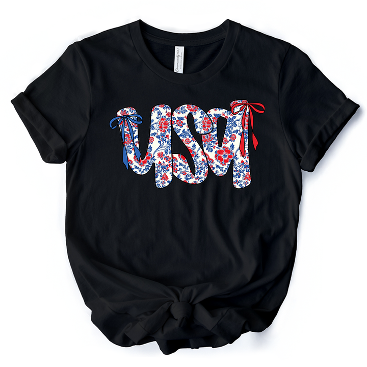 Floral USA Patriotic T-Shirt, 4th of July White, Natural and Black Tee for Stylish Women