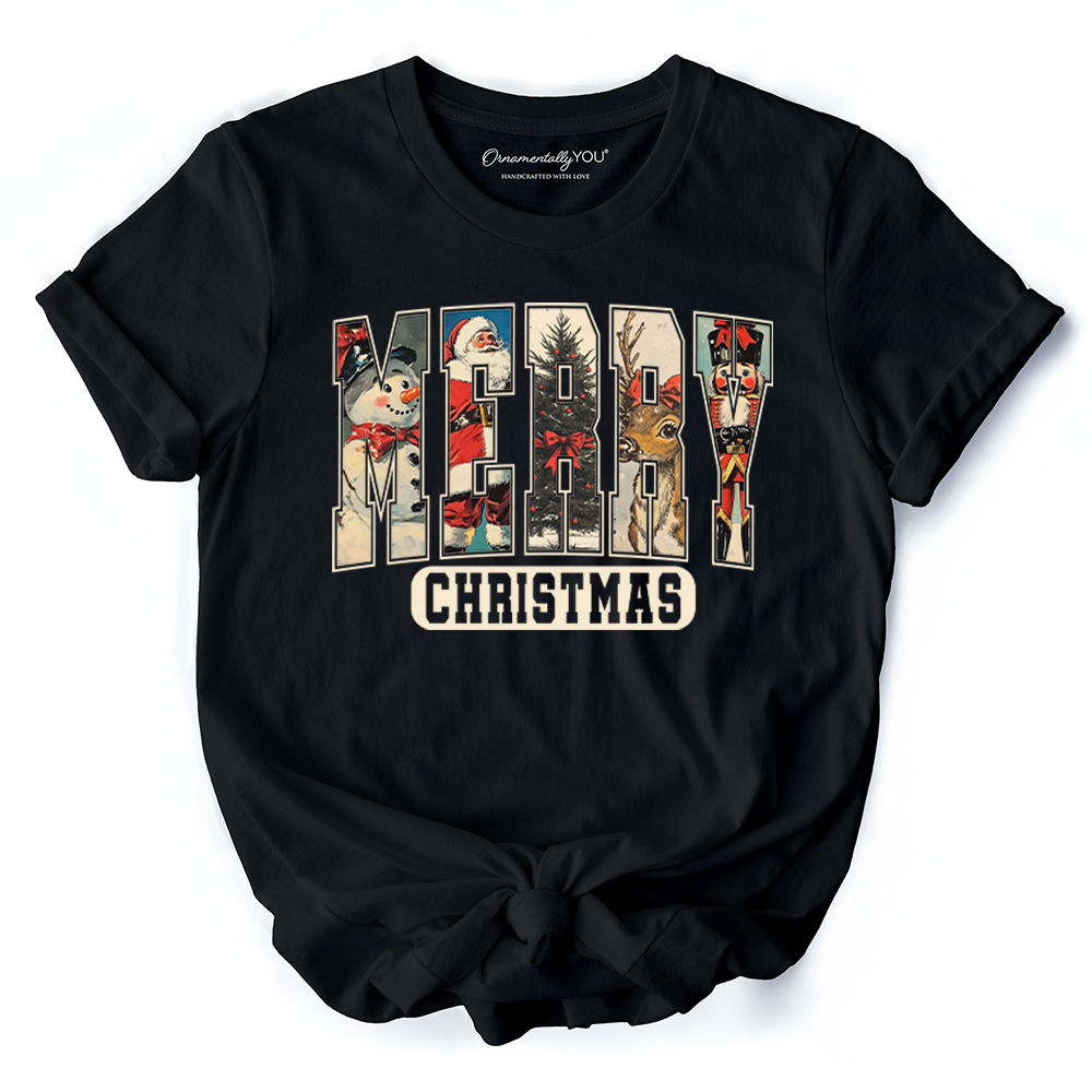Merry Christmas Vintage T‑Shirt, Santa Tree Reindeer Snowman Nutcracker Tee