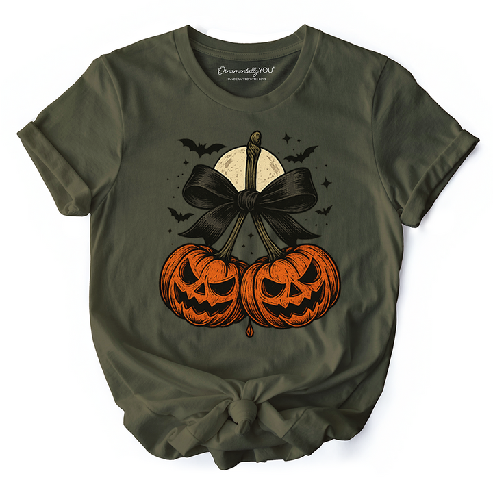 Pumpkin Cherries Coquette Bow T-Shirt, Retro Halloween Fall Season Tee for Sweet Autumn Girls