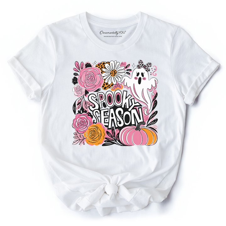 Boho Spooky Season Ghost T-Shirt, Cute Halloween Tee with Fall Pumpkins
