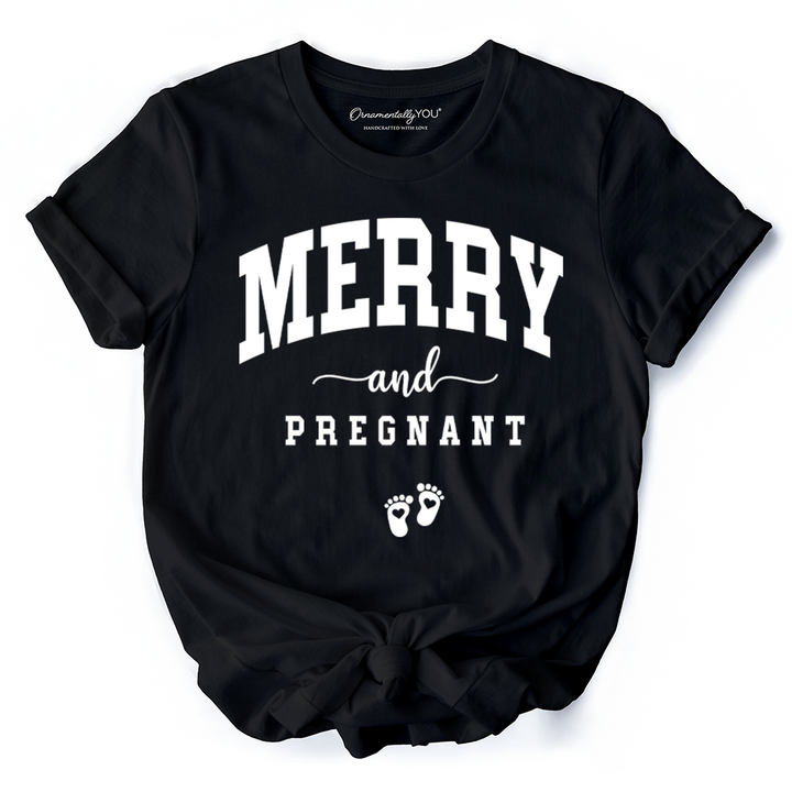 Merry and Pregnant T‑Shirt, Baby Announcement Christmas Tee for New Mom