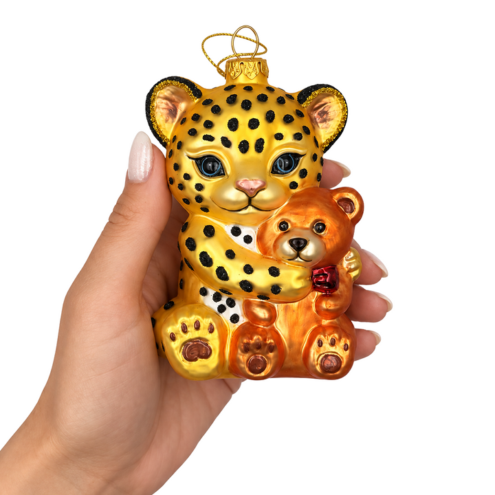 (PRE-ORDER) Adorable Leopard Hugging Bear Glass Christmas Ornament, Cute Jungle Animal Holiday Decor