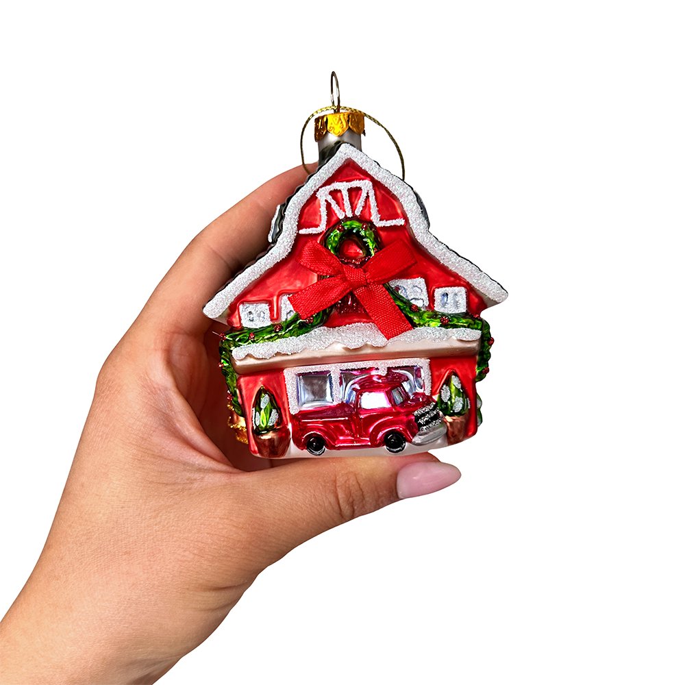 Charming Farmhouse Cabin Glass Christmas Ornament, Winter Rural Home Holiday Tree Decor Glass Ornament OrnamentallyYou 