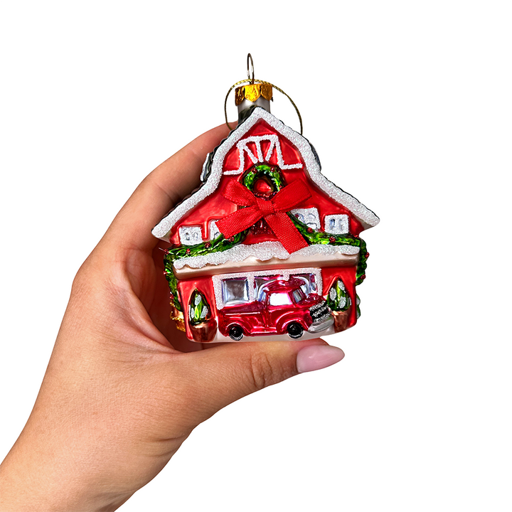 (Pre-Order) Charming Farmhouse Cabin Glass Christmas Ornament, Winter Rural Home Holiday Tree Decor