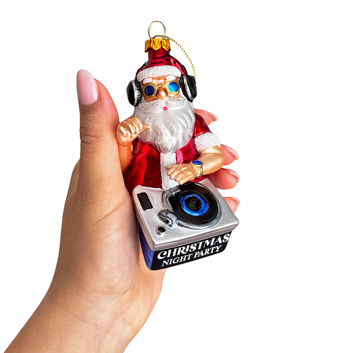 (Pre-Order) DJ Santa Spinning Christmas Party Glass Ornament, Headphones and Music Star Hipster Tree Decor