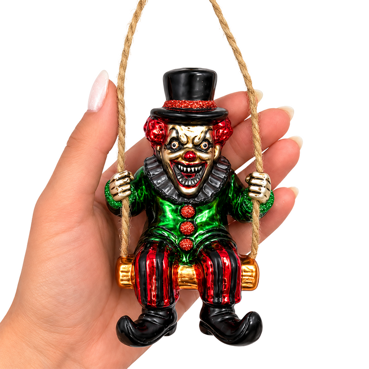 (PRE-ORDER) Evil Clown on Swing Glass Ornament, Creepy Carnival Horror Halloween Tree Decor