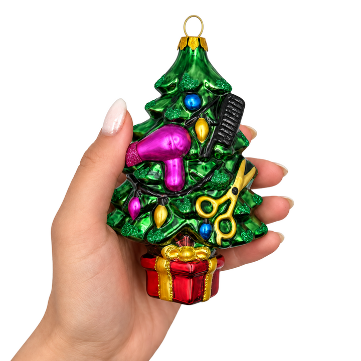 (PRE-ORDER) Festive Hairdresser Christmas Tree Glass Ornament, Hairstylist Salon Gift Holiday Decor