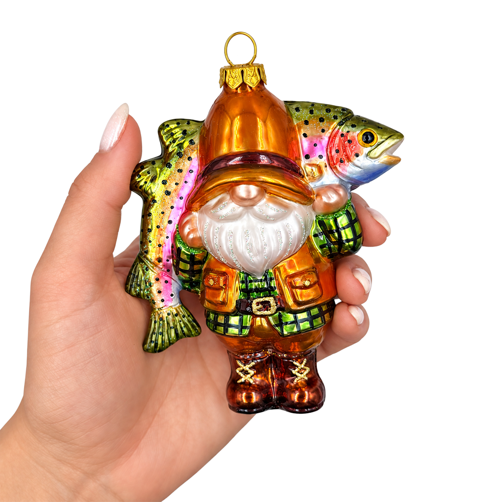 (PRE-ORDER) Fisherman Gnome with Trout Glass Christmas Ornament, Fishing Gift Outdoorsman Holiday Tree Decor