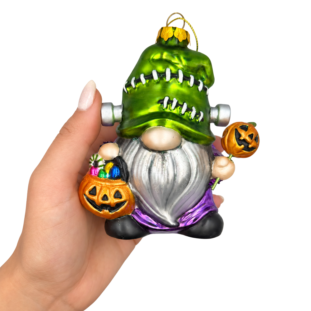 (PRE-ORDER) Frankenstein Gnome Glass Ornament, Pumpkin Candy Trick or Treat Halloween Decor