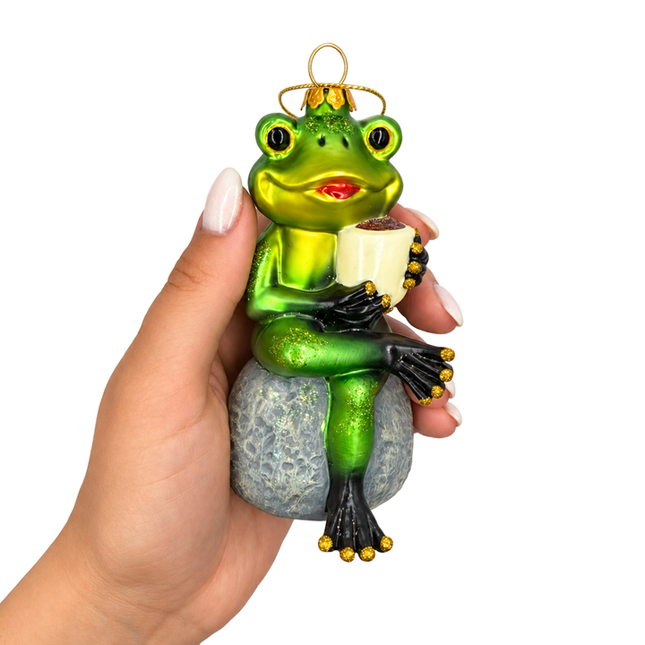 (PRE-ORDER) Frog with Coffee Mug Glass Christmas Ornament, Morning Brew Novelty Gift and Tree Decor