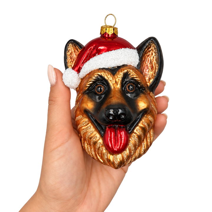 (PRE-ORDER) German Shepherd in Santa Hat Glass Christmas Ornament, Dog Lover Holiday Tree Decor