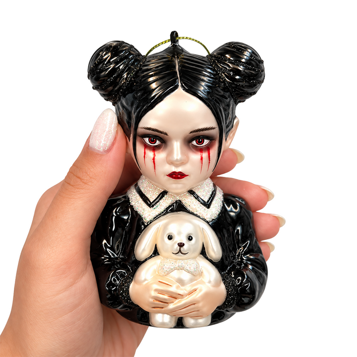 (PRE-ORDER) Gothic Doll with Bunny Toy Glass Ornament, Creepy Horror Halloween Tree Decor