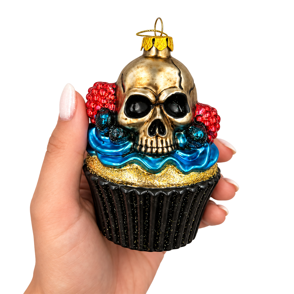(PRE-ORDER) Gothic Skull Cupcake Glass Ornament, Spooky Halloween Dessert Tree Decor