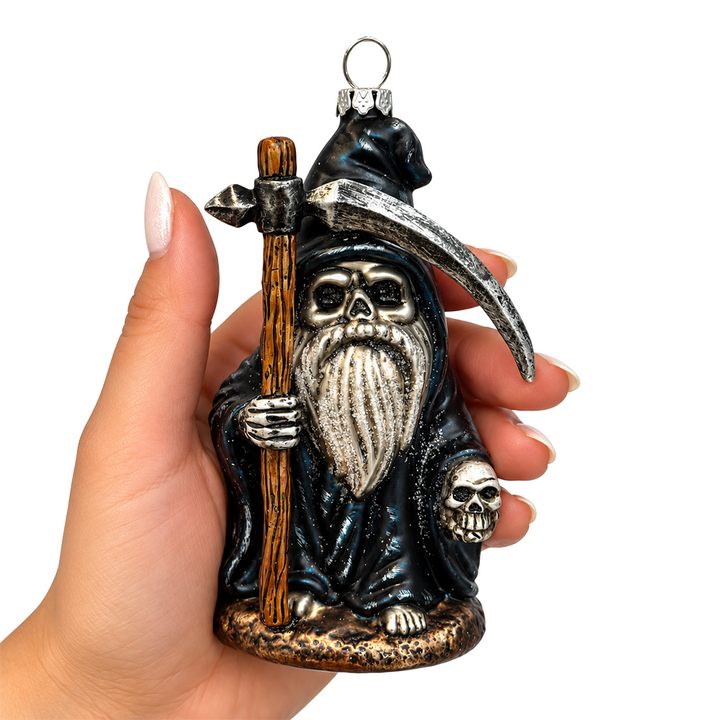 (PRE-ORDER) Grim Reaper Gnome Gothic Glass Ornament, Spooky Halloween Decor