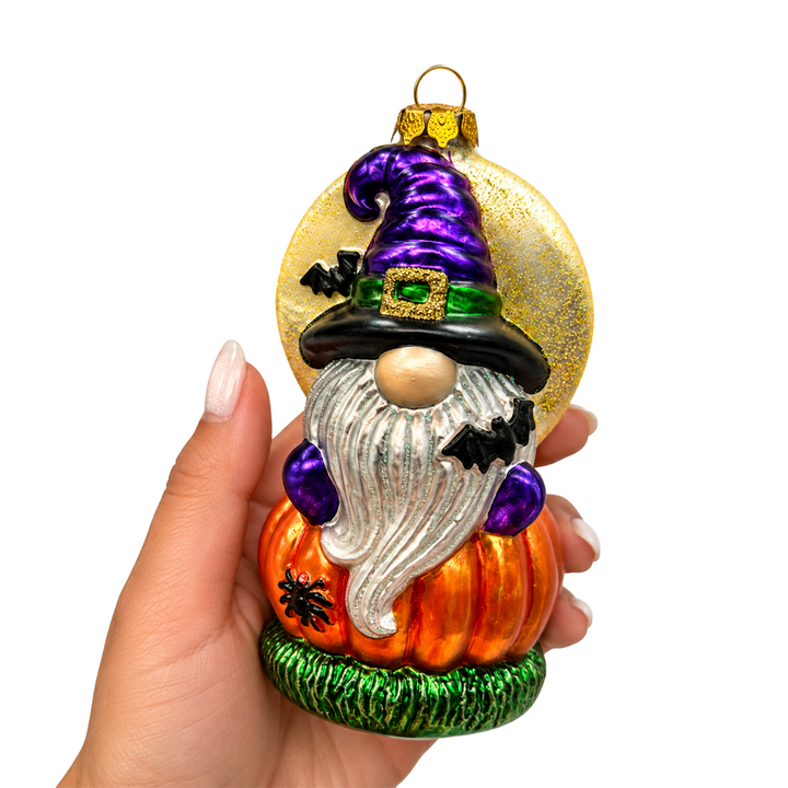 (PRE-ORDER) Halloween Gnome on Pumpkin Glass Ornament, Bat and Moon Spooky Halloween Decor