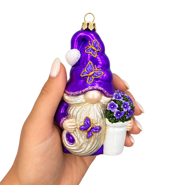 (PRE-ORDER) Lavender Gnome with Flowers and Butterflies Glass Christmas Ornament, Purple Garden Floral Tree Decor