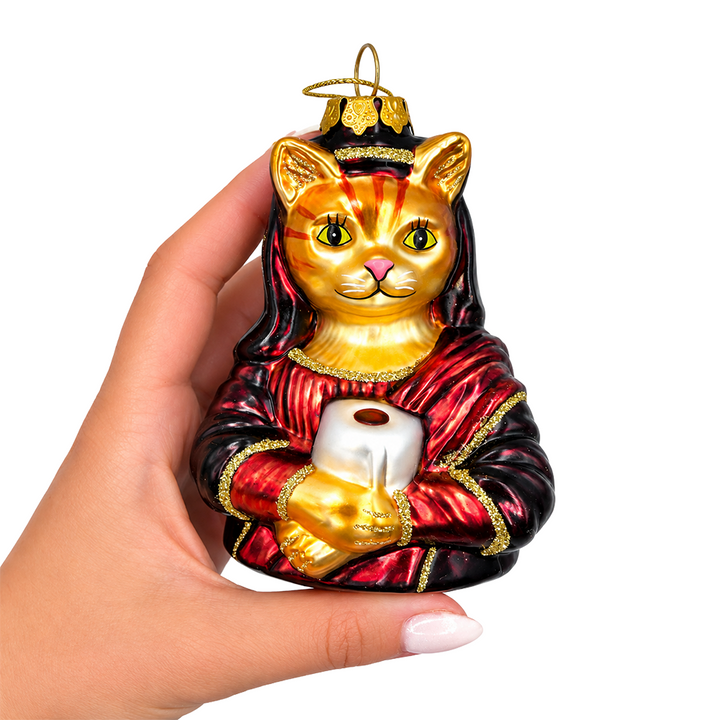 (PRE-ORDER) Mona Lisa Cat with Toilet Paper Glass Ornament, Funny Art Lover Feline Museum Inspired Tree Decor