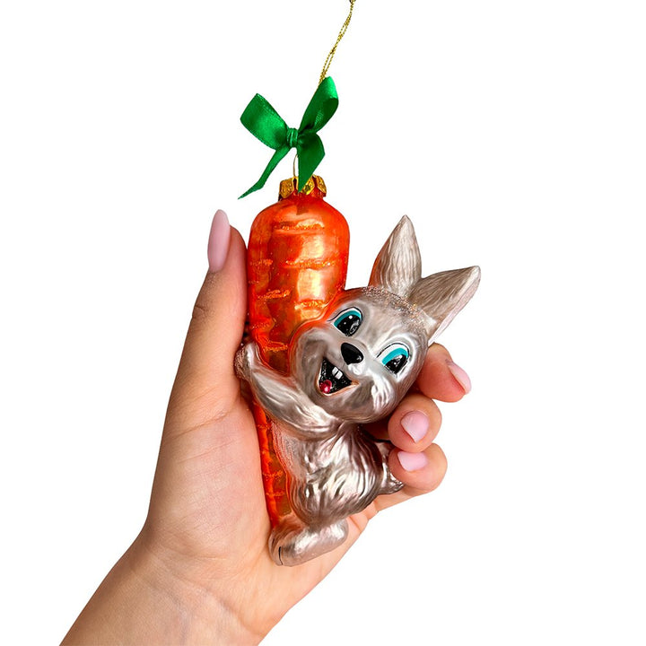 (Pre-Order) Playful Bunny Hanging on Carrot Glass Ornament, Christmas Gift for Kids Glass Ornament OrnamentallyYou 