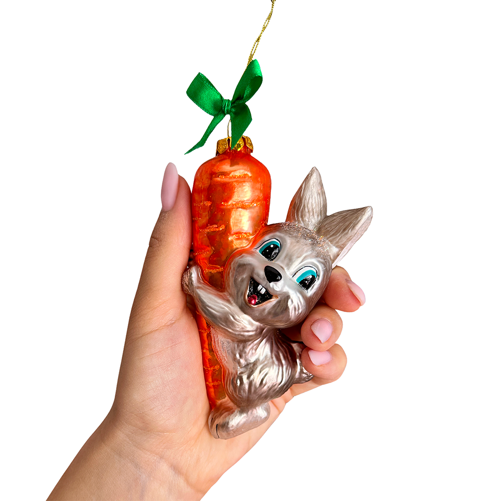 (Pre-Order) Playful Bunny Hanging on Carrot Glass Ornament, Christmas Gift for Kids