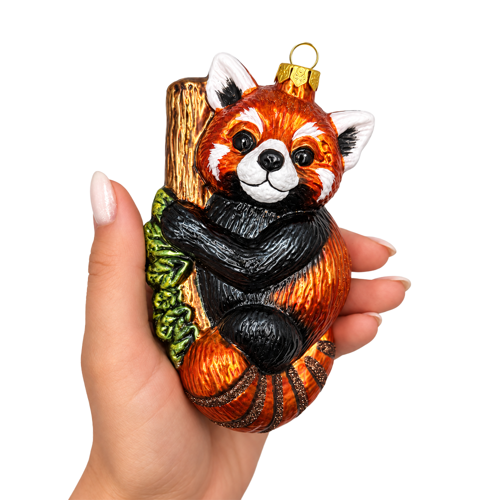 (PRE-ORDER) Red Panda on Tree Branch Glass Christmas Ornament, Woodland Wildlife Animal Holiday Decor