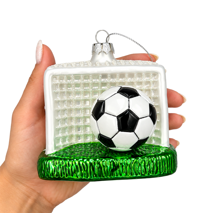 (PRE-ORDER) Soccer Ball and Goal Glass Christmas Ornament, Soccer Player Sports Holiday Tree Decor