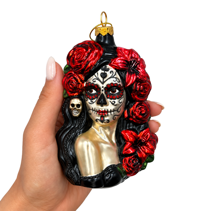 (PRE-ORDER) Sugar Skull Woman with Red Roses Glass Ornament, Day of the Dead Gothic Halloween Decor