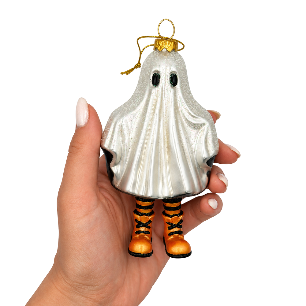 (PRE-ORDER) Trick or Treat Ghost Kid Glass Ornament, Sheet Costume Halloween Tree Decor