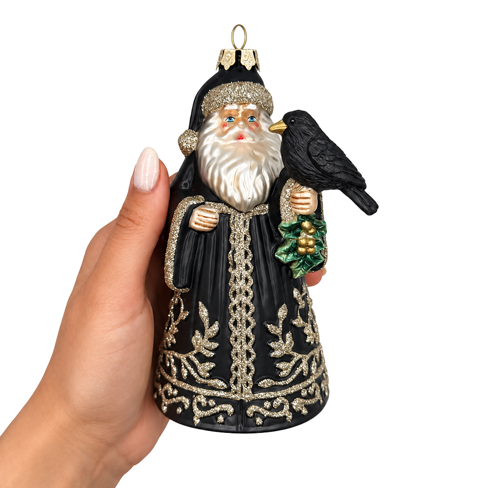 (PRE-ORDER) Victorian Gothic Santa with Raven Glass Christmas Ornament, Dark Holiday Tree Decor