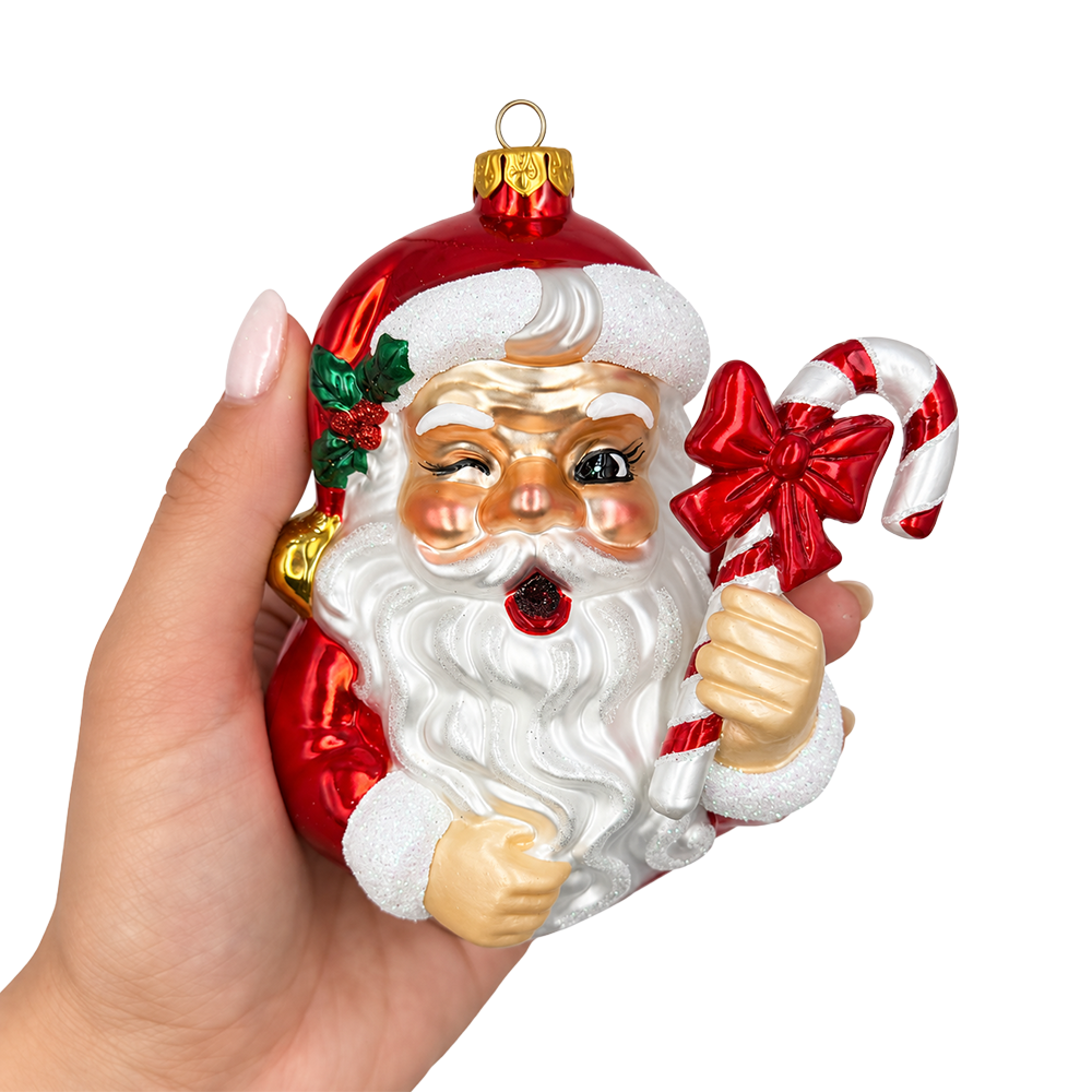 (PRE-ORDER) Vintage Santa with Candy Cane Glass Christmas Ornament, Classic Holiday Tree Decor