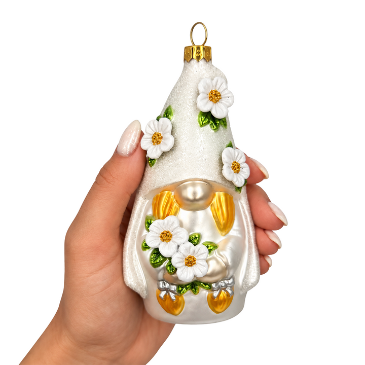 (PRE-ORDER) Wedding Bride Gnome Glass Ornament, Bridal Shower Newlywed Keepsake and Wedding Tree Decor