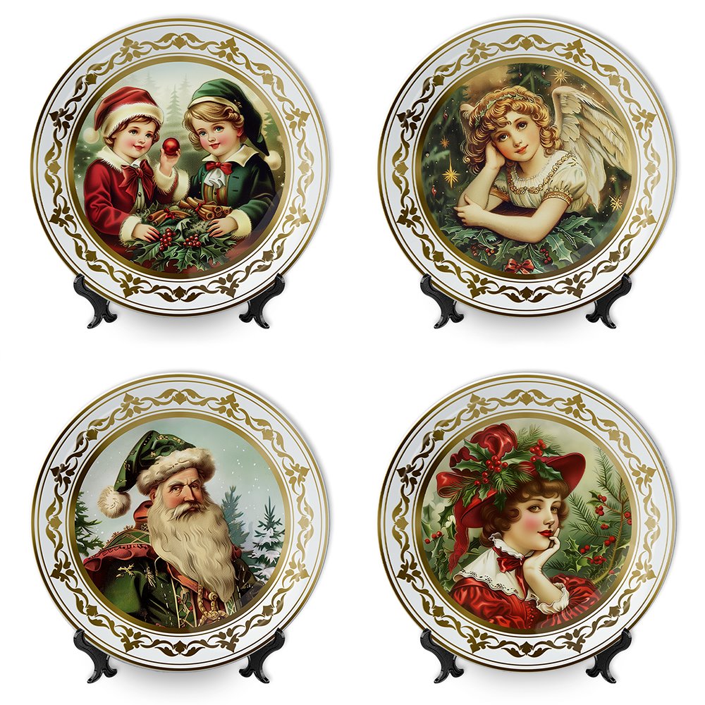 Victorian Elegance Set of 4 Plates with Real Gold Trim, Holiday Christmas Red and Green Tableware Collection Plate Sets OrnamentallyYou 