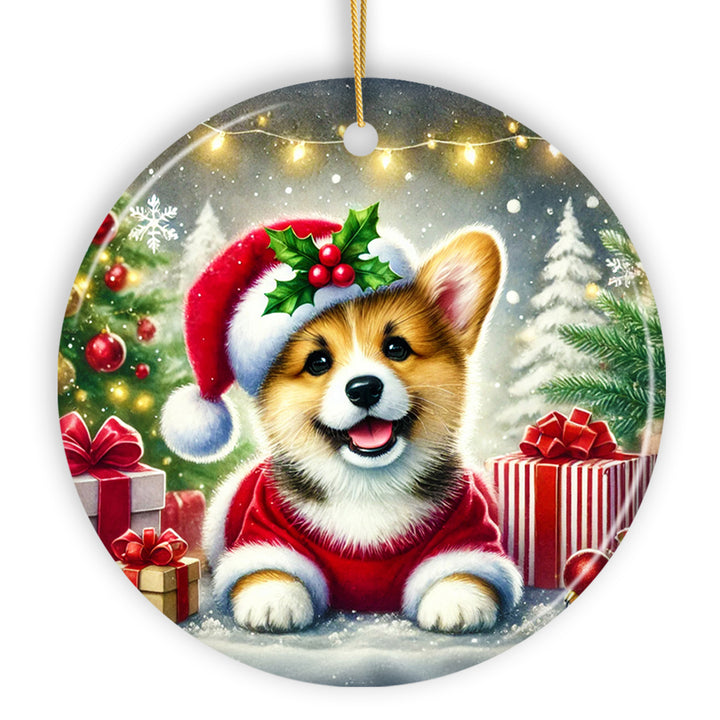 Adorable Welsh Corgi with Santa Hat Ornament, Jolly Christmas for Heartfelt Gift